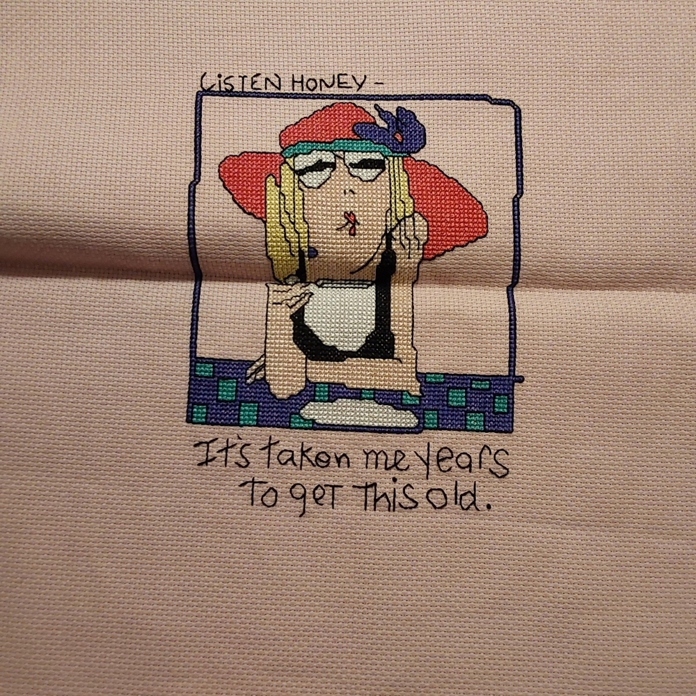 Humorous Cross-Stitch Art with Red Hat